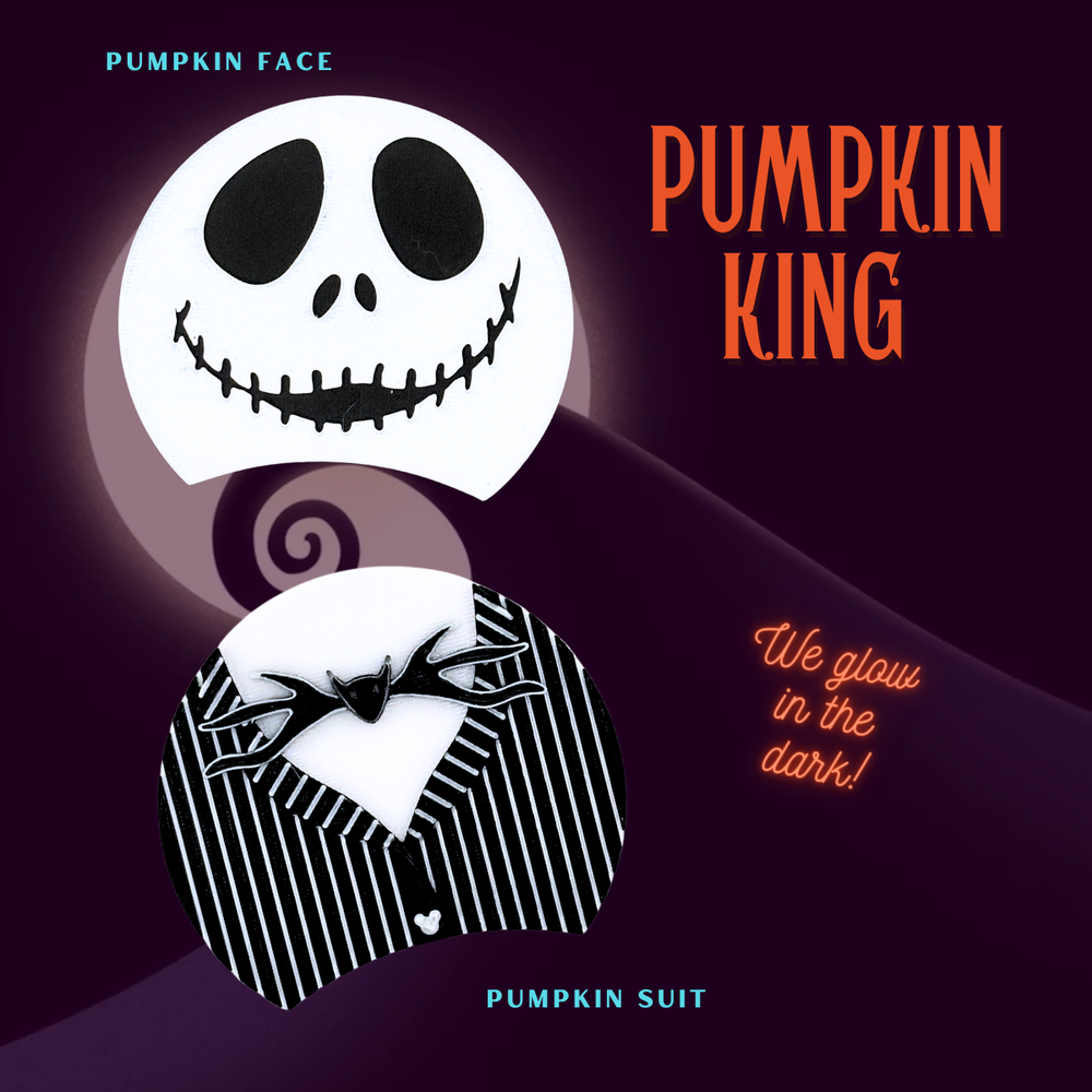 Pumpkin King character inserts including his face and suit with text 'Pumpkin King' and 'We glow in the dark!' on a dark background