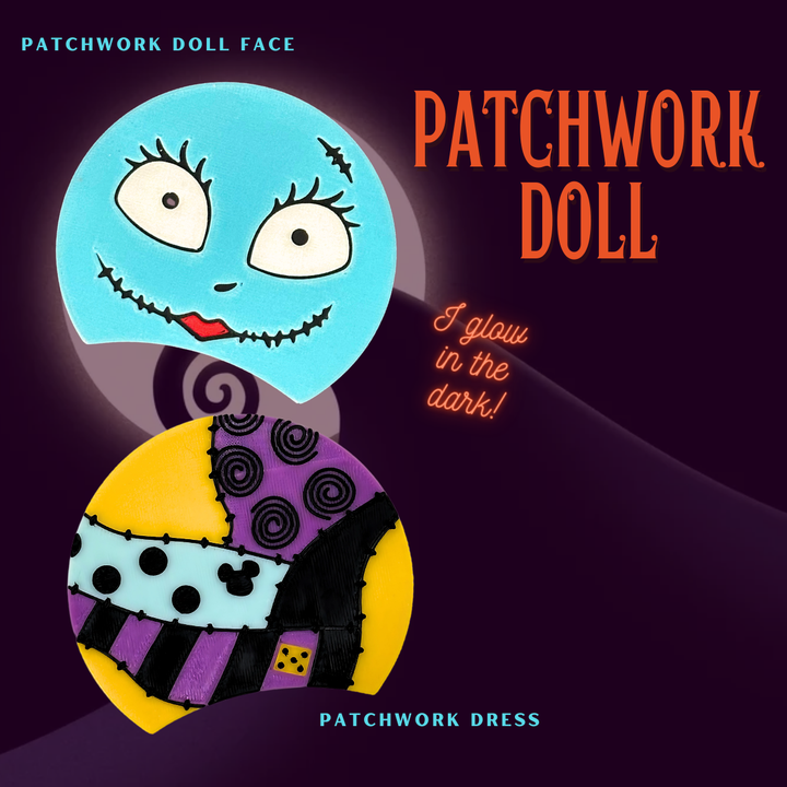 Glowing patchwork doll face and dress insert on a dark background. The patchwork doll face insert glows in the dark. 