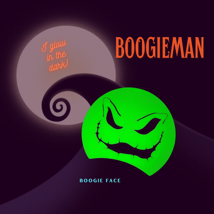 Green boogeyman face swap insert with text 'I glow in the dark!' and 'Boogieman' on a dark background